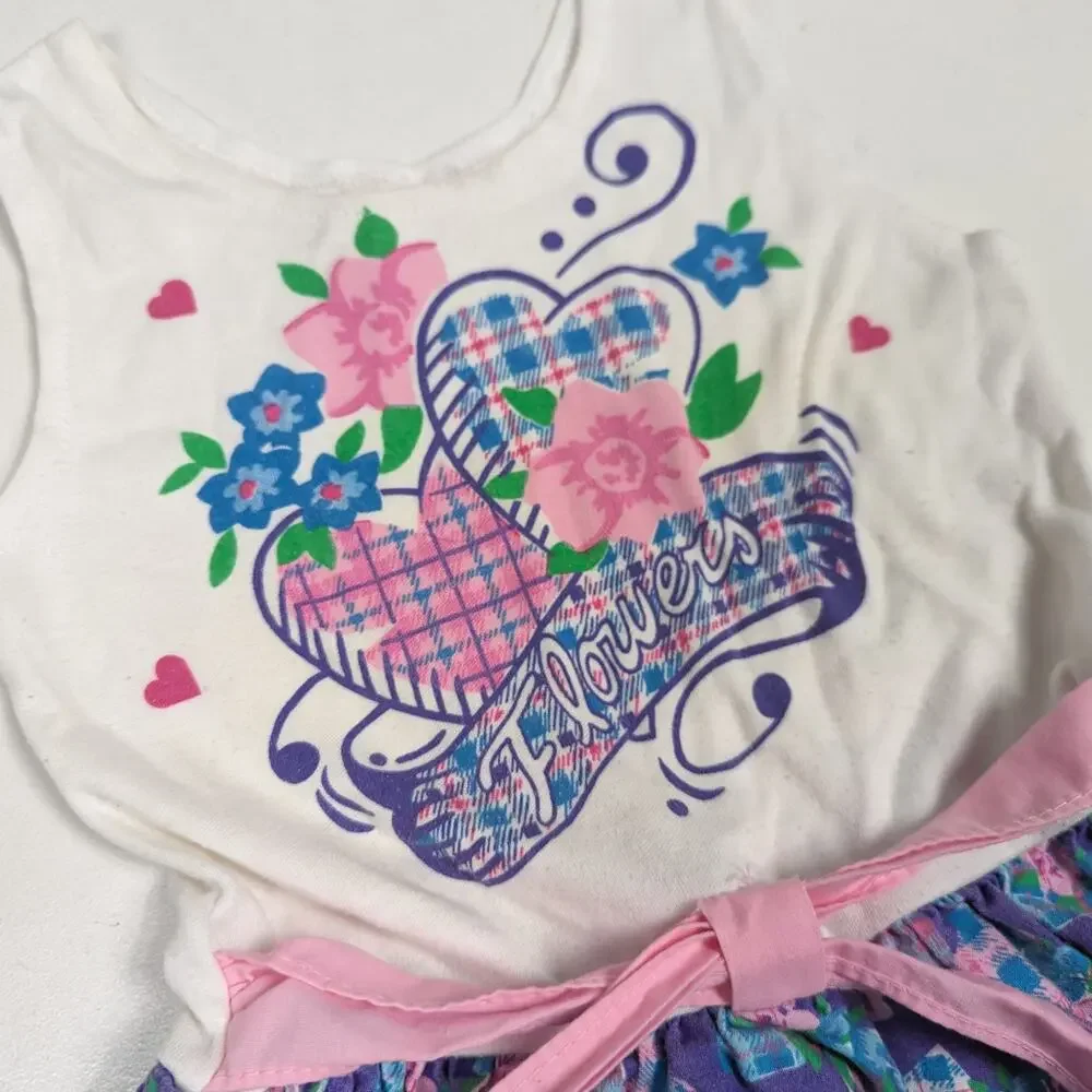 Vtg Dress 90s Girls Sz 2T Purple Floral Heart Casual Graphic Sundress